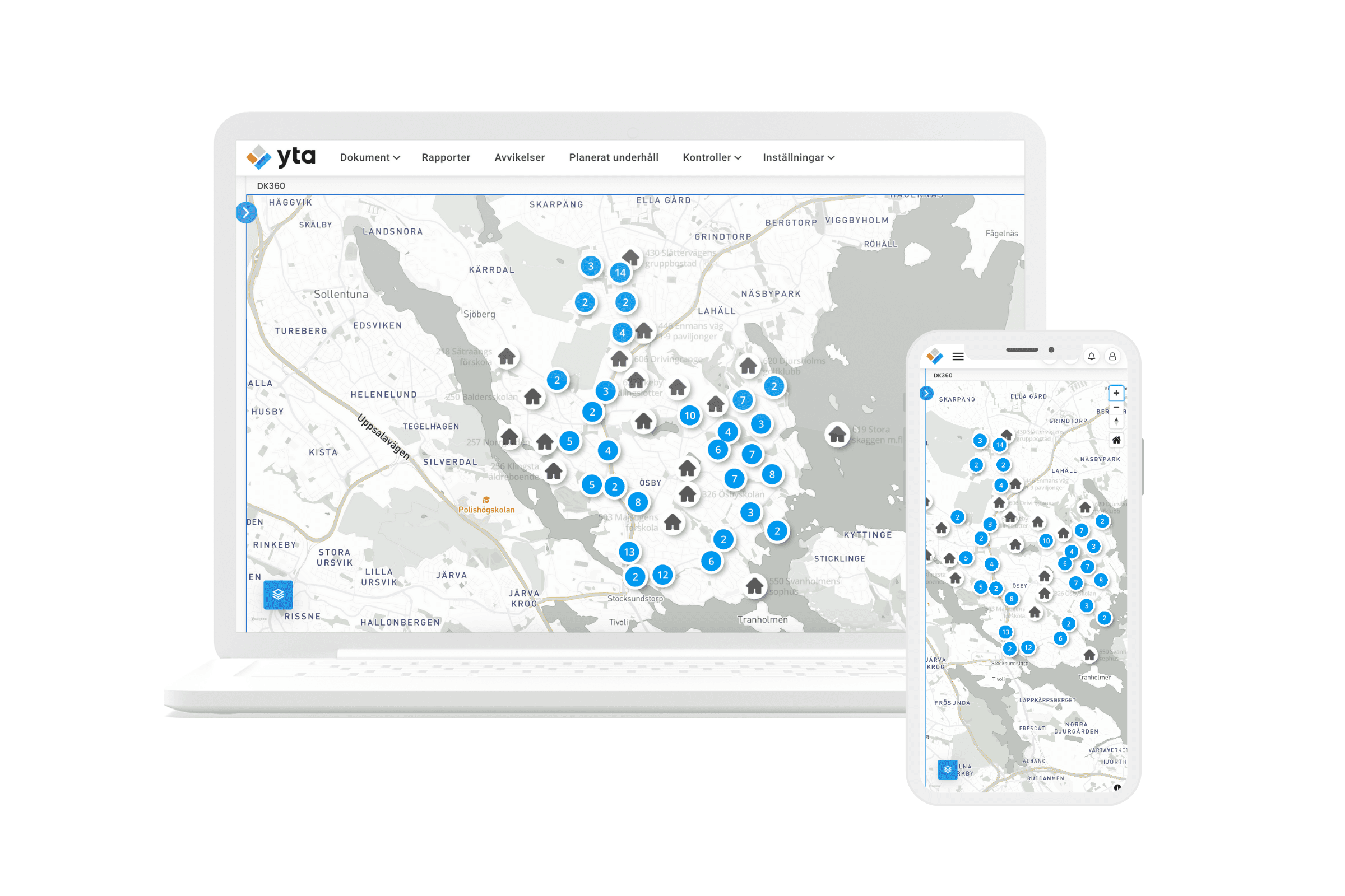Gränssnittet för Yta på mobil, surfplatta och dator för tillgång till fastighetsdata i fält.