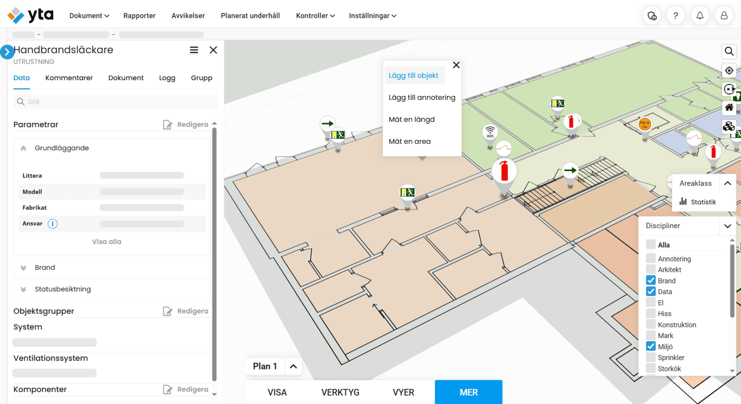 Visuell planvy i Yta som visar enkel navigering mellan rum och fastighetsdokumentation.
