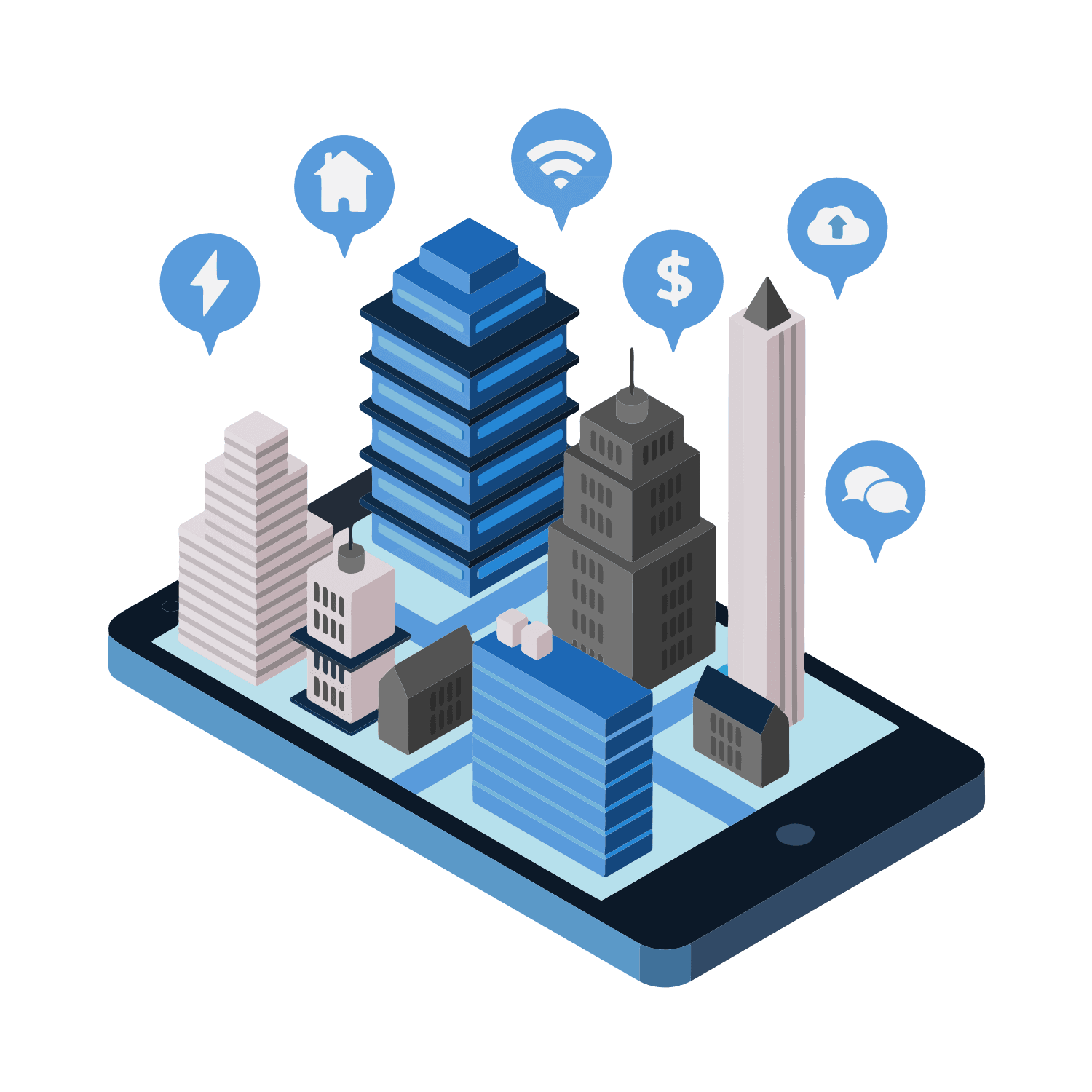 Illustration av digital fastighetsdata och BIM-modeller som visualiseras i en mobil enhet.