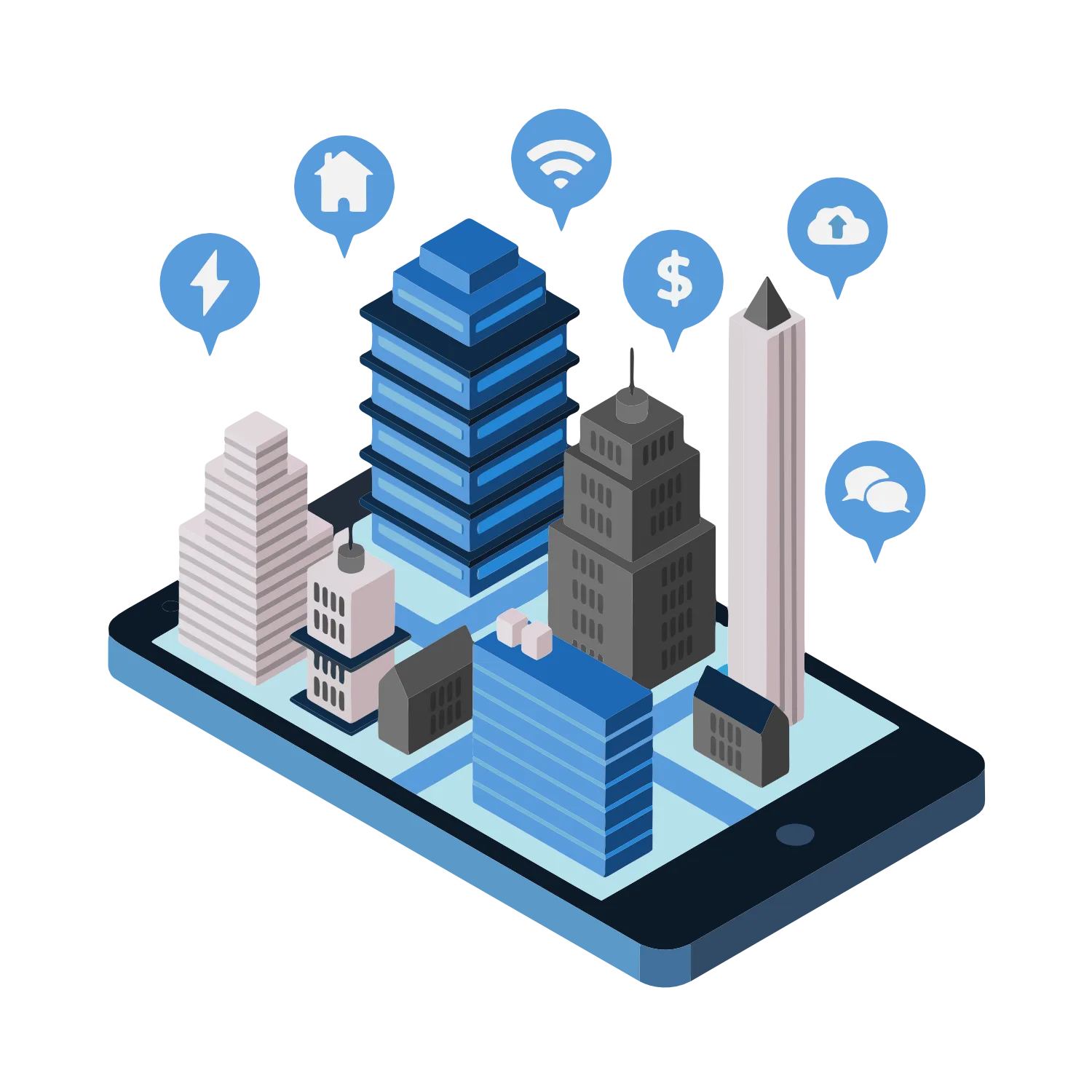 Illustration av digital fastighetsdata och BIM-modeller som visualiseras i en mobil enhet.